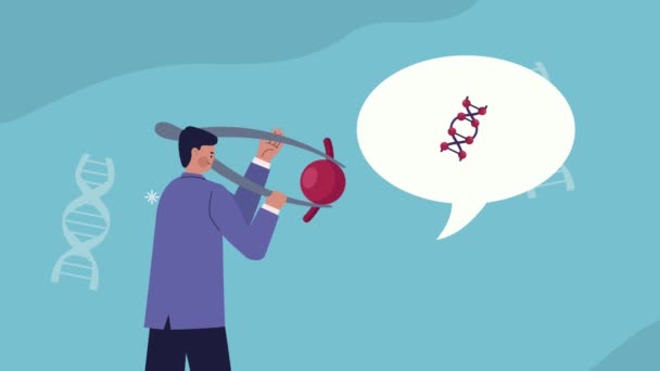 Scientist with dna molecule and speech bubble — Stock Video