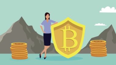 Bitcoin kalkan animasyonlu zarif iş kadını