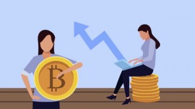 Bitcoin işçi karakterli zarif iş kadınları.