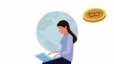 Bitcoin 'li dizüstü bilgisayar kullanan zarif iş kadını