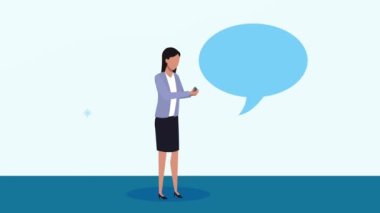 Konuşma kabarcığı animasyonu olan zarif bir iş kadını.