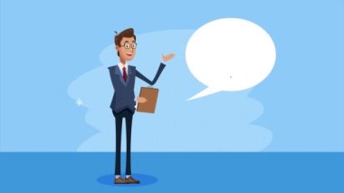 Panosu ve konuşma balonu olan zarif bir iş adamı.