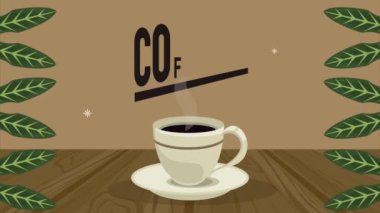 Kahve evi harfleri, yapraklar ve bardak animasyonları.