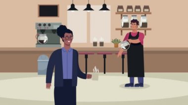 Kafe çalışanı ve afro kadın müşteri animasyonu