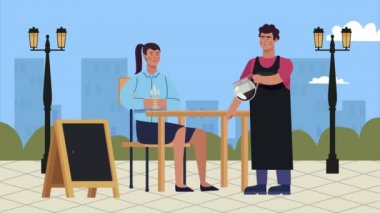 Kahve dükkanı çalışanı ve bayan müşteri animasyon filmi izlediler.