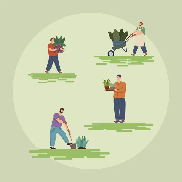 Vier tuiniers werknemers personages — Stockvector