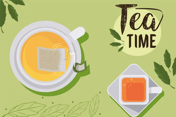Letras de la hora del té con tazas — Vector de stock
