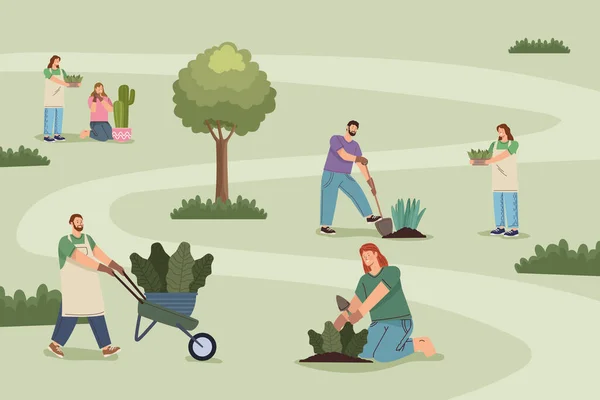 Sei giardinieri personaggi di lavoro — Vettoriale Stock
