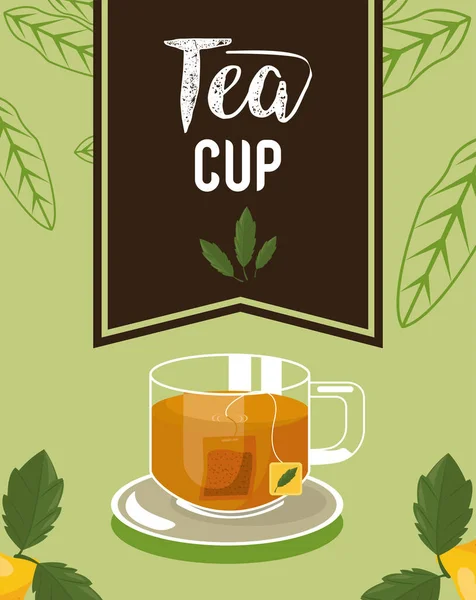 Taza de té con letras de vidrio — Vector de stock