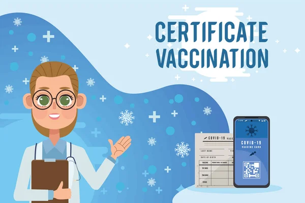 Certificado de vacinação lettering com médico —  Vetores de Stock