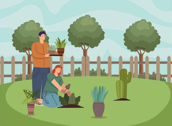 Trädgårdsmästare par plantering — Stock vektor
