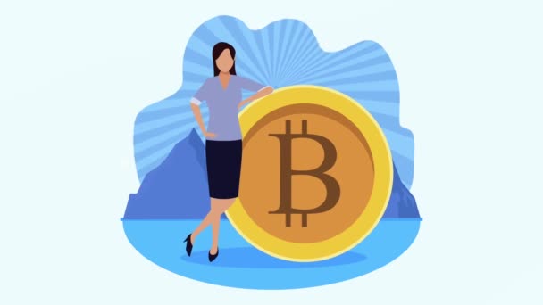 Elegante mujer de negocios con animación bitcoin — Vídeo de stock