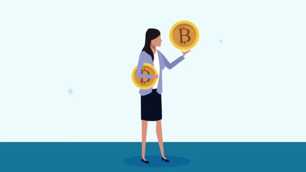 Elegant businesswoman lifting bitcoins animation — Stock Video