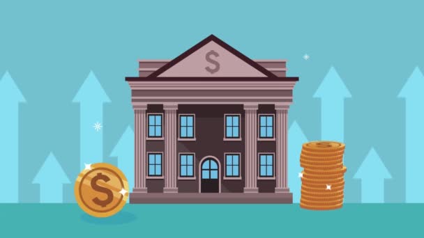 Здание банка и монеты долларов — стоковое видео