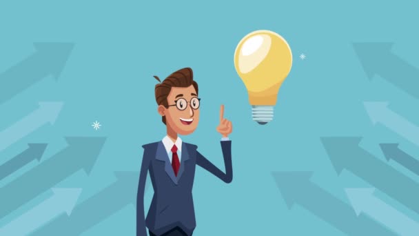 Elegant businessman with bulb character — Stock Video