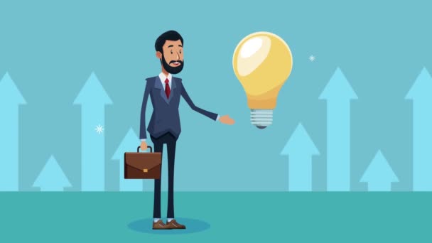 Elegant businessman with portfolio and bulb — Stock Video