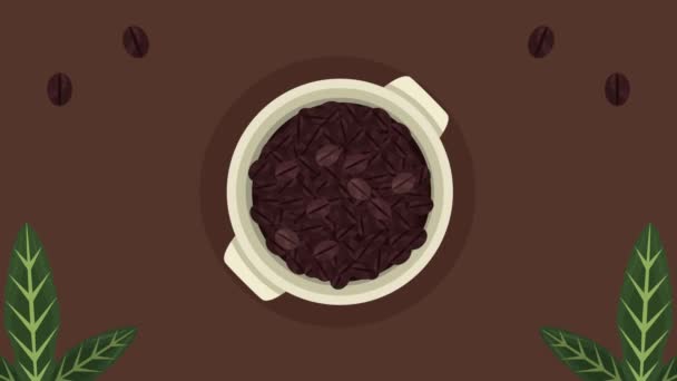 Delicious coffee seeds in cup airview animation — Stock Video