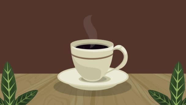 Delicious coffee cup and leafs animation — Stock Video