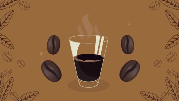 Delicious coffee glass and seeds animation — Stock Video