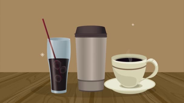 Delicious coffee containers drinks animation — Stock Video