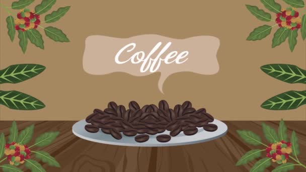 Letras de café en el habla burbuja con semillas en el plato — Vídeos de Stock