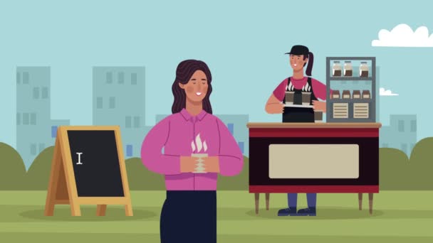 Kafé kvinnlig arbetare och kvinna — Stockvideo