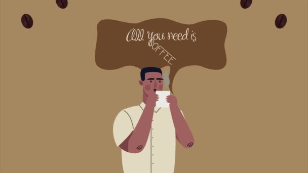 Kafé afro man dricka och tal bubbla — Stockvideo