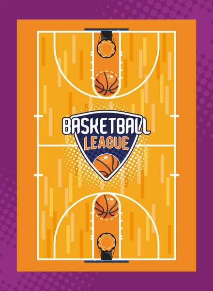Basketball league lettering and court — Stock Vector