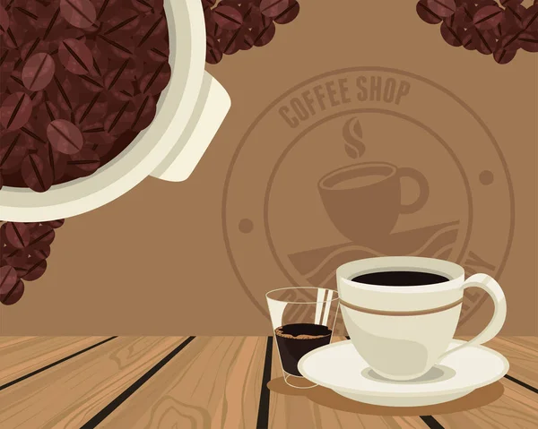 Café selo loja e feijão — Vetor de Stock