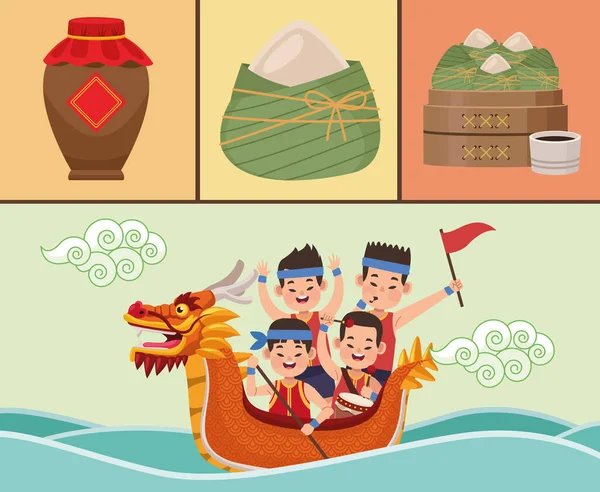 Dragon bateau festival symbole ensemble — Image vectorielle