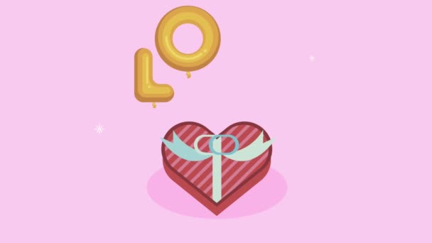 Golden balloons helium love word with heart gift — Stock Video