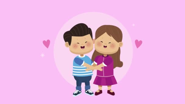 Μικροί εραστές ζευγάρι με καρδιές χαρακτήρες κινουμένων σχεδίων — Αρχείο Βίντεο
