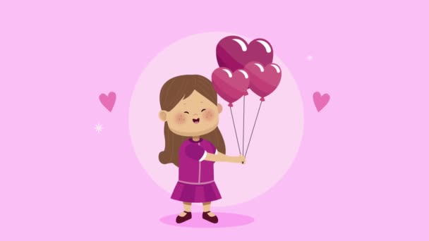 Маленькая влюбленная девочка с сердечками и воздушными шарами гелиевая анимация — стоковое видео