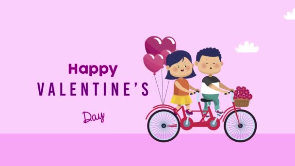 Feliz día de San Valentín letras con pequeños amantes en bicicleta — Vídeos de Stock