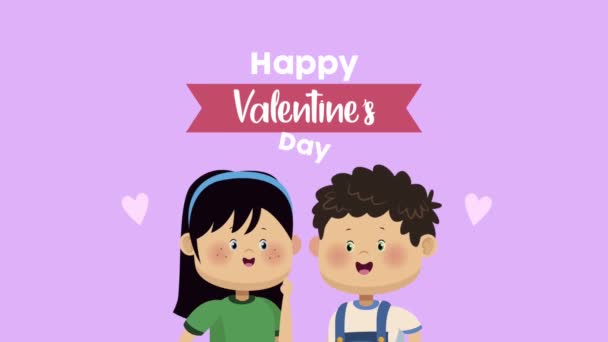 Gelukkige Valentijnsdag belettering met kleine minnaars karakters — Stockvideo
