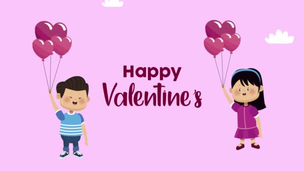 Dia dos namorados lettering com pequenos amantes e balões de hélio — Vídeo de Stock