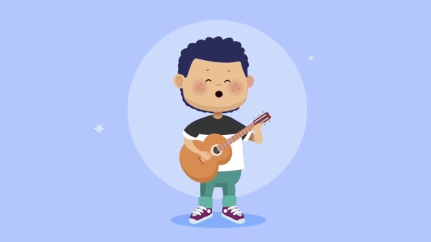 Young boy playing guitar character — Stock Video