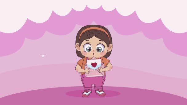 Little lover girl with love letter animation — Stock Video