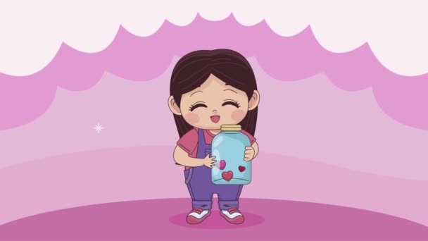 Pequeña chica amante con corazones en la animación del frasco — Vídeo de stock