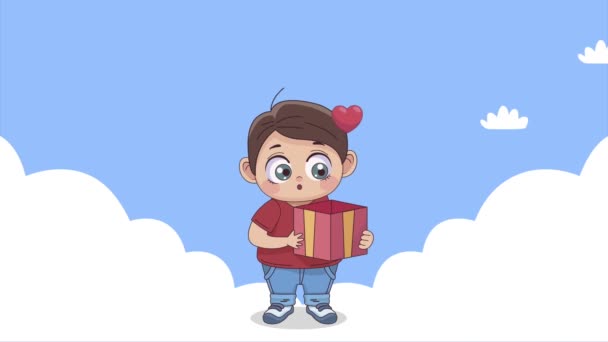 Kleiner Liebhaber Junge mit Geschenkcharakter Animation — Stockvideo