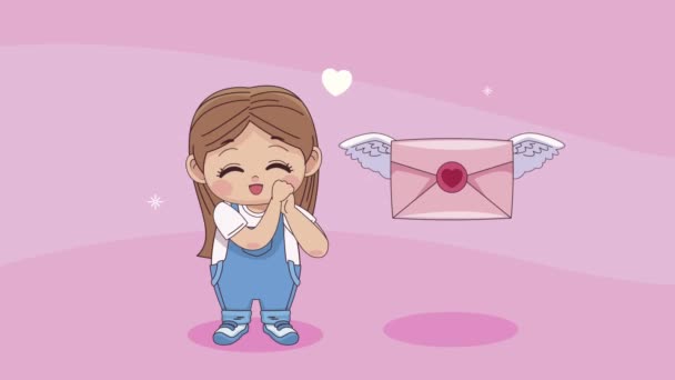 Menina amante pouco com carta de amor voando animação — Vídeo de Stock