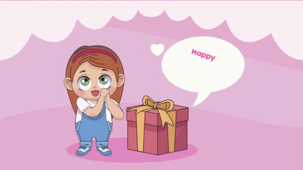 Ευτυχισμένη ημέρα του Αγίου Βαλεντίνου γράμματα με το κοριτσάκι και το δώρο — Αρχείο Βίντεο
