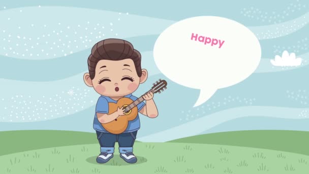 Щасливі валентинки день написання і хлопчик грає на гітарі — стокове відео