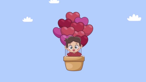 Little lover boy in balloon air hot animation — Stock Video