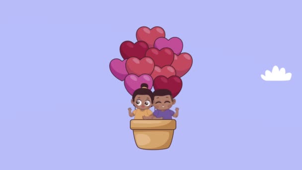 Afro little lovers couple in balloon air hot animation — Stock Video