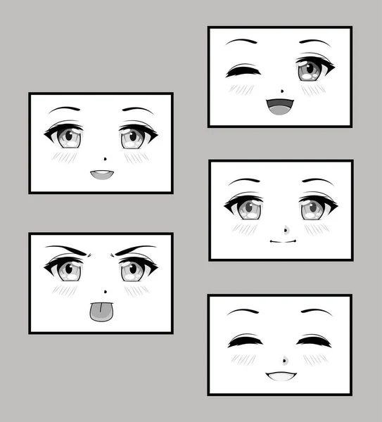 Vijf meisjes gezichten anime — Stockvector