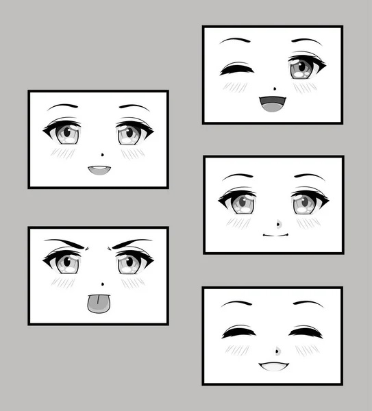 Five girls faces anime — Stock Vector