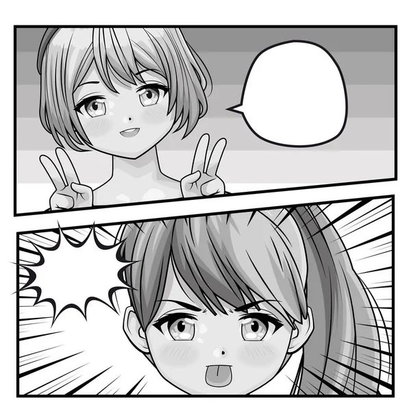 Zwei Mädchen monochrom anime — Stockvektor