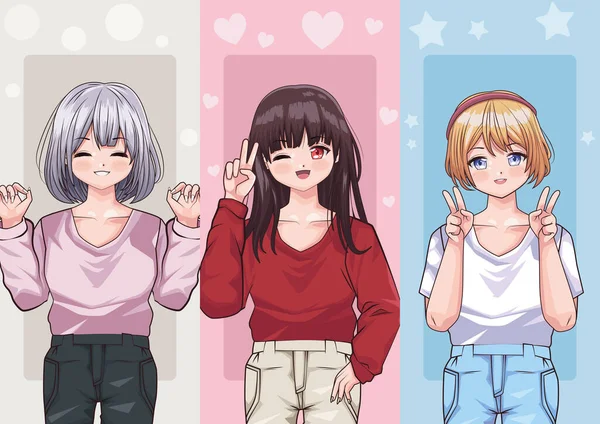 Tři dívky anime styl — Stockový vektor
