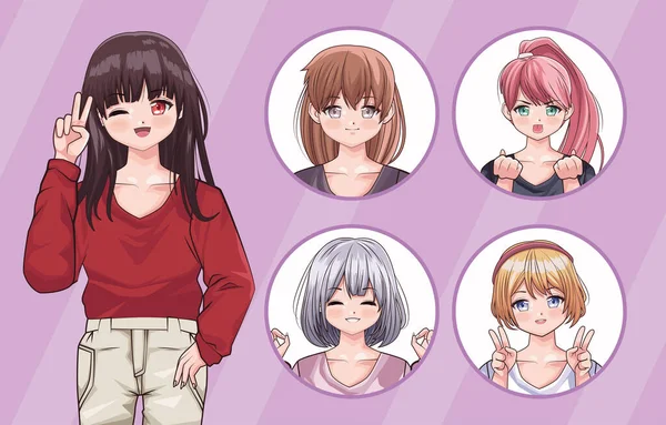 Dívky anime pět znaků — Stockový vektor